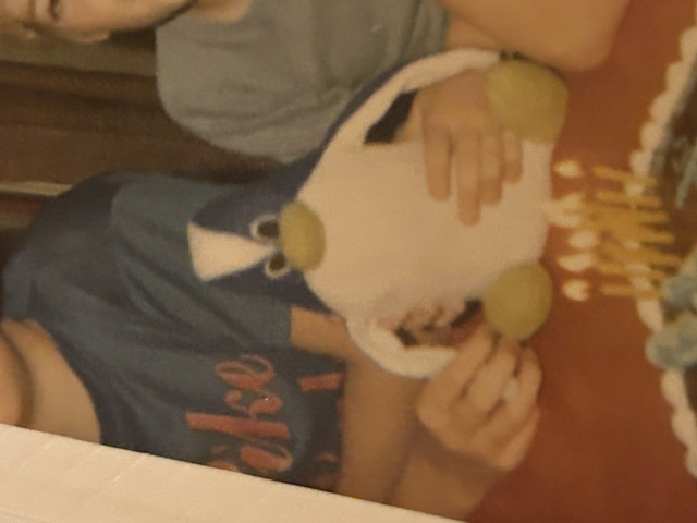 Before: white and black stuffed penguin with yellow-green beak, held by a child at a birthday party in a faded 1970s photograph