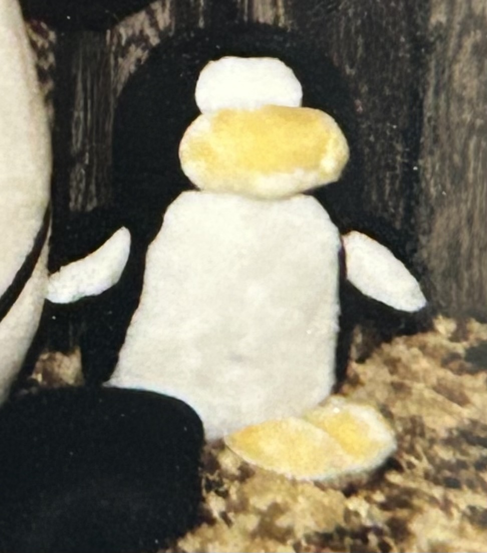 Before: black and white stuffed penguin with yellow beak and feet, photographed in a vintage photo